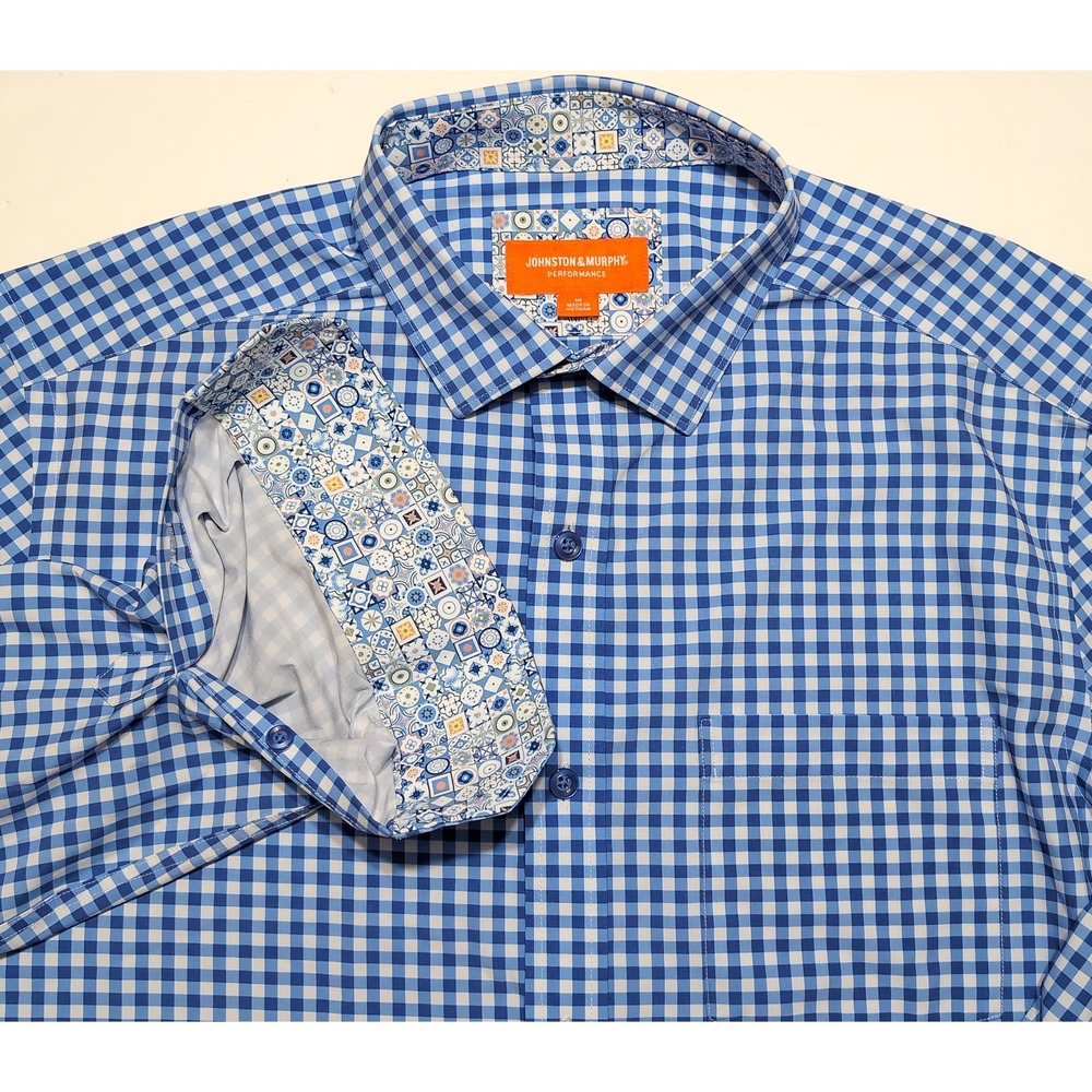 JOHNSTON & MURPHY Button Down Mens M Blue Gingham Flip Cuff Performance Stretch